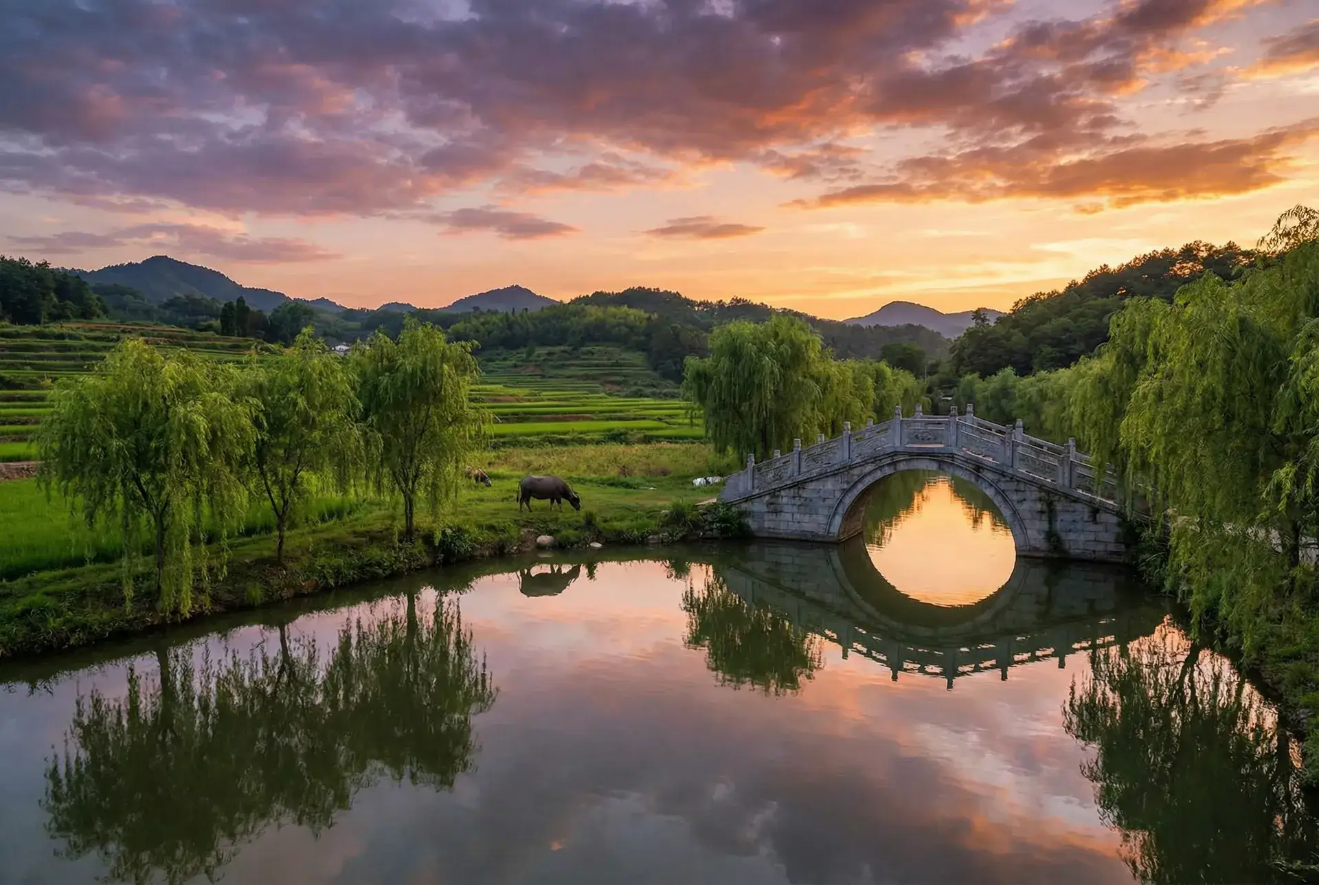 夕阳下的石拱桥与垂柳，水牛在河边吃草 - 年轻的老师4线在完 乡村美景