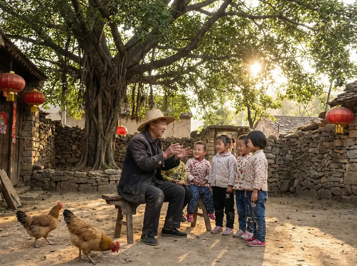 老人在大榕树下给孩子们讲故事 - 年轻的老师4线在完 乡村记忆